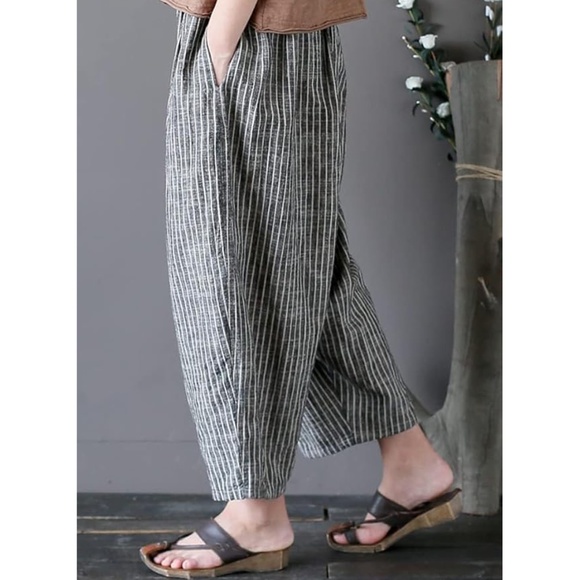 New With Tags - Wide Leg Cropped Cotton Linen Striped Harem / Palazzo Pants - Picture 3 of 6